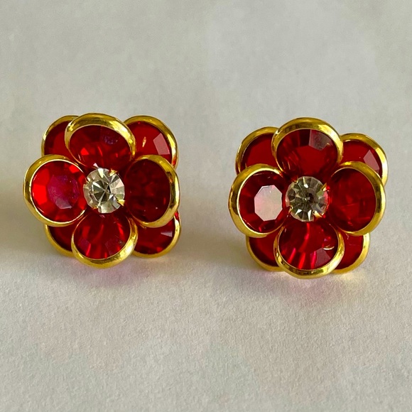 Avon Jewelry - Vintage Avon Red and Clear Crystal Flower Post Earrings With Goldtone